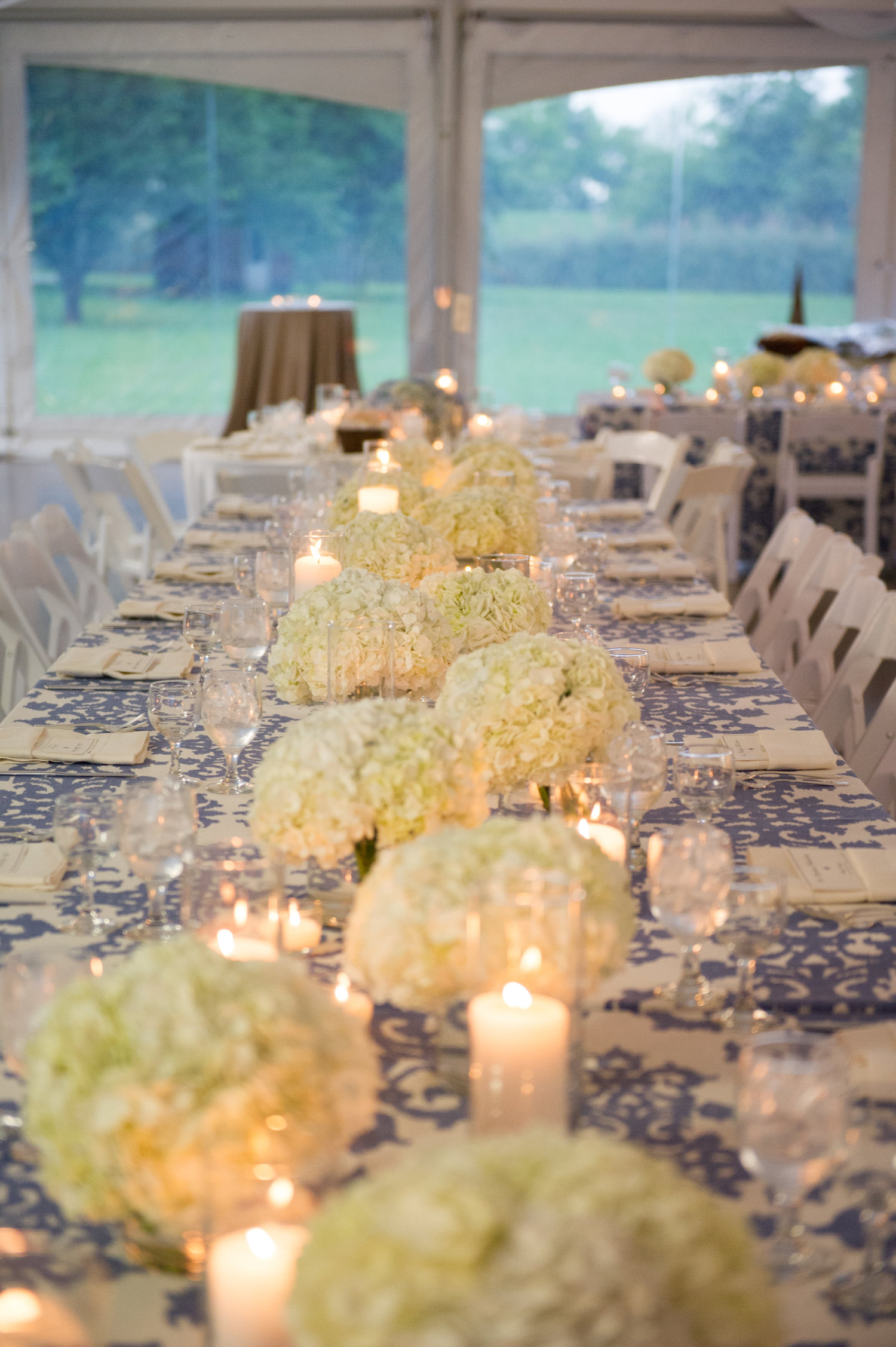 White and blue table linens with white hydrangeas lining the table with tea lights and candles