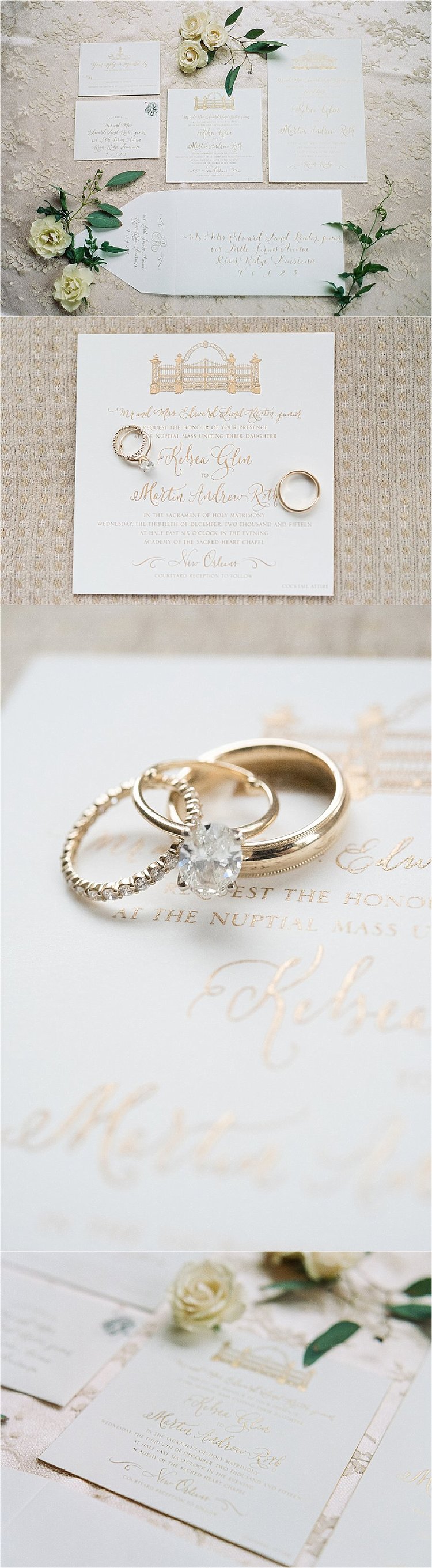 beautiful white and gold wedding invitation suite and gold wedding band with engagement rings 