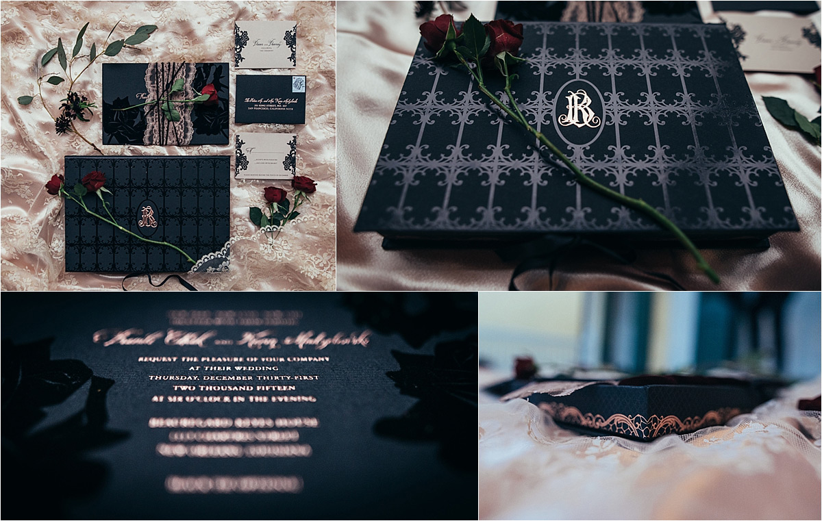 close up of the wedding invitation suite that is black and gold with velvet and gold lettering 